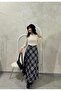 New Product Women's Navy Blue Checkered Flared Scuba Skirt 0069 - 4