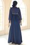 Yoryo Silk Crepe Combination Hijab Evening Dress with Lace and Pearl Detail K. Indigo 1685 - 7