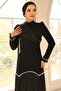 Pearl Pleated Detailed Crepe Yoryo Silk Combination Hijab Evening Dress Black 1684 - 2