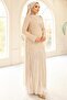 Pearl Pleated Detailed Crepe Yoryo Silk Combination Hijab Evening Dress Beige 1684 - 5