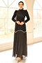 Pearl Pleated Detailed Crepe Yoryo Silk Combination Hijab Evening Dress Black 1684