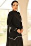 Pearl Pleated Detailed Crepe Yoryo Silk Combination Hijab Evening Dress Black 1684 - 5