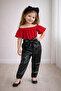 Girls' Stretch Fabric Leather Bow Detail Pants Red Strapless Cropped Blouse and Headband Set.
