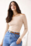 Women's Boat Neck Beige Ribbed Knit Blouse - 2