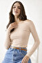Women's Boat Neck Beige Ribbed Knit Blouse