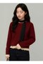 Women's Burgundy Crew Neck Long Sleeve Oversized Lace Detailed Soft-Textured Knitwear Sweater Blouse - 7