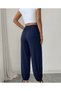 Women's Navy Elastic Waist Wide-Leg Drawstring Hem Relaxed Harem Trousers - 4
