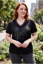 Women's Large Size Leaf Patterned Stone Printed Black-Brown Blouse - 8