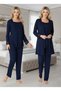 Women's Navy Blue Long Sleeve Elegant Lace Detailed Design Maternity Pajama Set - 2