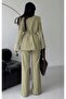 Women's Rose Detailed Sleeves Design Jacket Trousers Set Khaki - 4