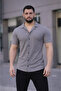 Men's Waffle Fabric Short Sleeve Button down Open Collar Regular Fit Shirt - Gray - 4