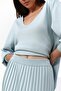 Blue V-Neck Slit Viscose Women's Knitwear Sweater
