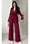 Women's Rose Detailed Sleeves Design Jacket and Trousers Set Burgundy - 3