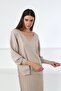 Beige V-Neck Slit Viscose Women's Knitwear Sweater - 2