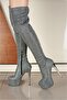 Merlin Silvery Gray Women's Thin Heel High Above-Knee Stretch Boots