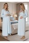 Women's Blue Special Design Lace Embroidered Long Sleeve Cotton Maternity Nightgown Set - 5