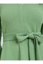 Women Green Waist Tie A-Line Midi Dress - 4