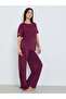 Women Burgundy Knitted T-Shirt and Pyjama Set - 2