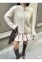 Women's Ecru Fur-Look Buttoned Knitwear Cardigan