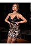 Women's Satin Leopard Printed and Lace-Detail Mini Nightgown with Backless Design - 4