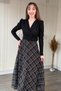 Padded Plaid Skirt Belted Midi Black Dress - 5