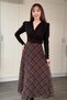 Padded Plaid Skirt Belted Midi Brown Dress