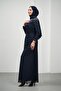 Navy Blue Draped Front Evening Dress with Stones - 4