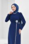 Navy Blue Draped Evening Dress with Stone Detail - 3