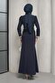 Navy Blue Stone Detailed Design Evening Dress - 4