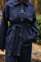 Navy Blue Belted Jacket and Trousers Denim Suit - 4