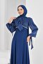 Navy Blue Balloon Sleeve Evening Dress with Stone Detail - 3