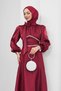 Burgundy Bow Collar, Stone Detailed Waist, Balloon Sleeve Evening Dress - 2