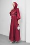 Burgundy Bow Collar, Stone Detailed Waist, Balloon Sleeve Evening Dress - 4