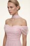 Women's Powder Color Slim Fit Boat Neck Lace Midi Promise Engagement Wedding Evening Dress - 2