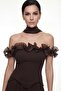 Women's Brown Ruffle Detailed Long Engagement Wedding Evening Dress - 3