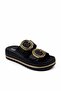 Women's Black Round Buckle Platform Slippers - Gold Stripe Detailed Sole - 3