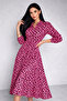 Women's Fuchsia Polka Dot Half-Placket Buttoned Elastic-Waist Dress - 5
