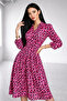 Women's Fuchsia Polka Dot Half-Placket Buttoned Elastic-Waist Dress - 7