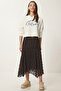 Lace Detailed Asymmetrical Midi Skirt Lzv0049 Brown