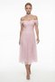 Women's Powder Color Slim Fit Boat Neck Lace Midi Promise Engagement Wedding Evening Dress