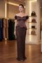 Women's Brown Boat Neck Floral Detail Long Rhinestone Evening Dress - 4