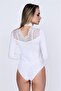 Women's White Lace Collar Long Sleeve Snap Fastener Bodysuit - 2