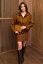 Suede Nubuck Texture Design Lining Premium Quality Equivalent Oversized Bomber Jacket Coat Mini Skirt Set - 3