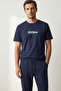 100% Cotton Compact Combed Single Jersey Tok Fabric Men's 2-Piece Pajama Set Navy Blue Comfortable Fit Short Sleeve Printed Pocketed Drawstring Bottom Top Anti-Sweat Breathable Offline