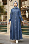 Women's Buttoned Lace Detailed Dark Blue Denim Dress - 5