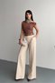 Women's Wide Leg Palazzo Trousers with Pockets and Belt, Cream - 4