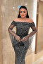 Full Beaded Fabric Boat Neck Evening Dress - Anthracite - 3