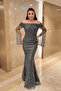 Full Beaded Fabric Boat Neck Evening Dress - Anthracite - 2