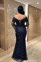 Full Beaded Fabric Boat Neck Evening Dress - Dark Blue - 5