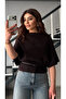 Bitter Brown Boat Neck Bat Sleeve Belted Knitwear Blouse - 4